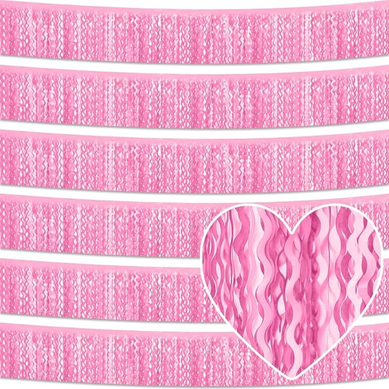 6-Pack Macaron Pink Wave Foil Fringe Garland - 60 Feet Total Metallic Tinsel Streamers - Unique Wavy Edge Backdrop Banner for Parade Floats, Mother's Day, Easter, and Pastel Birthday Party Decor